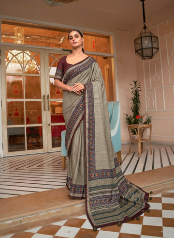 Grey and Black Soft Khadi Silk Saree with Digital Print and Foil Work