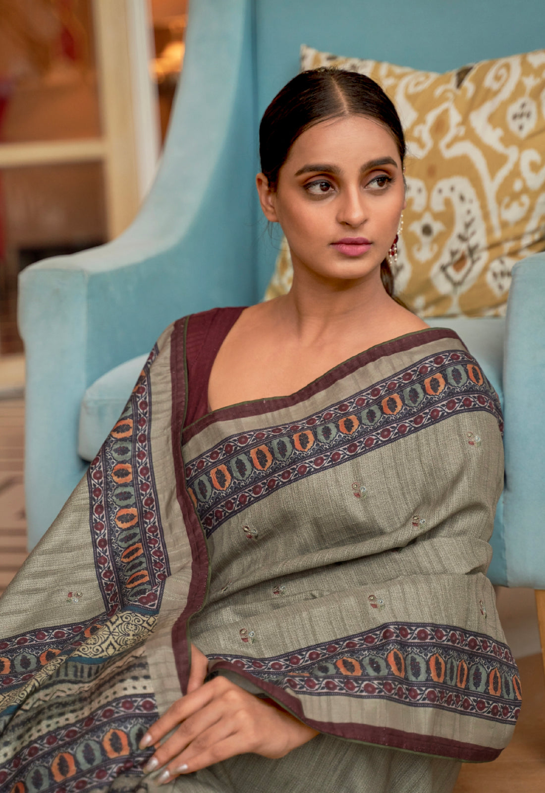 Grey and Black Soft Khadi Silk Saree with Digital Print and Foil Work