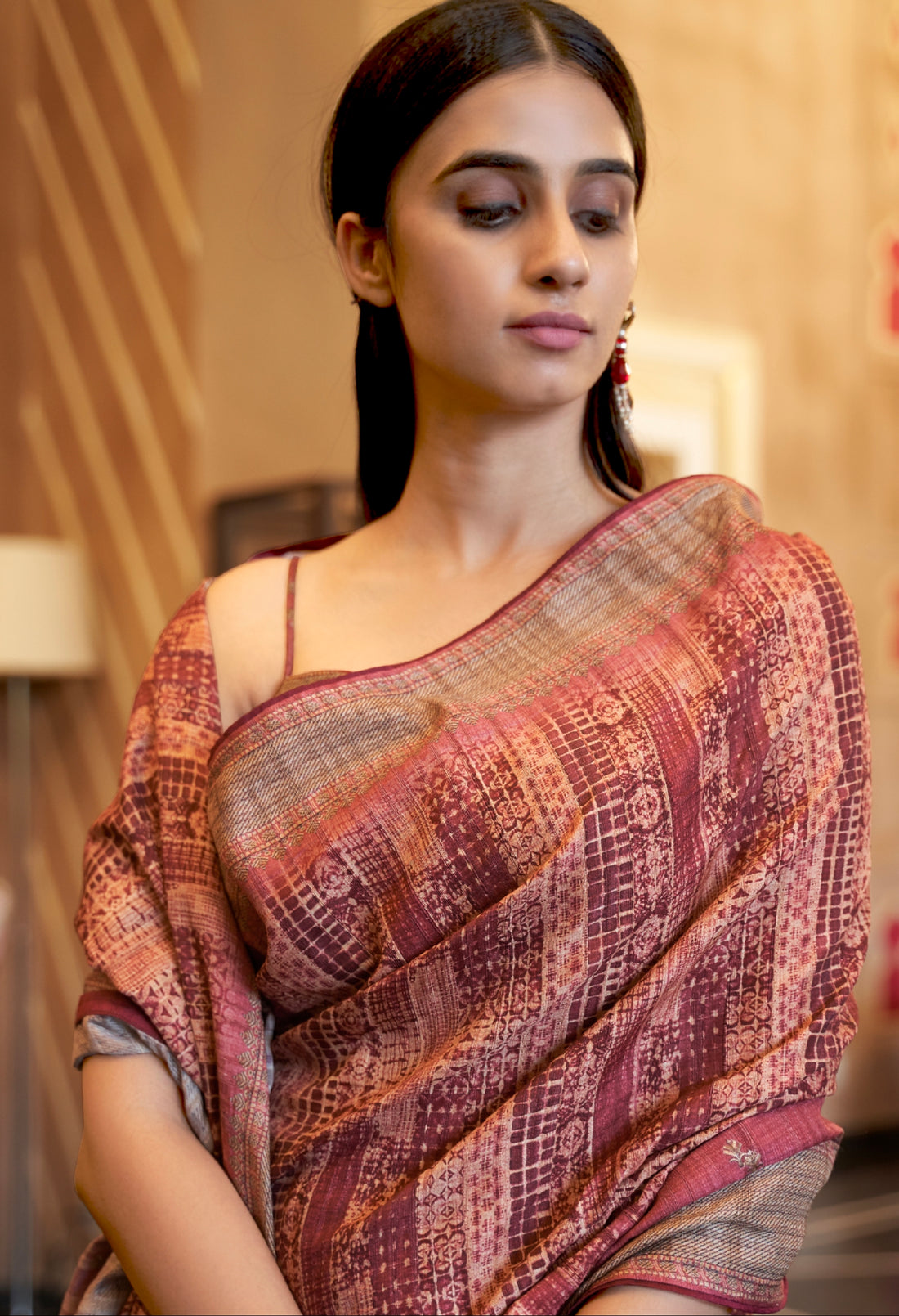 Maroon Soft Khadi Silk Saree with Digital Print and Foil Work