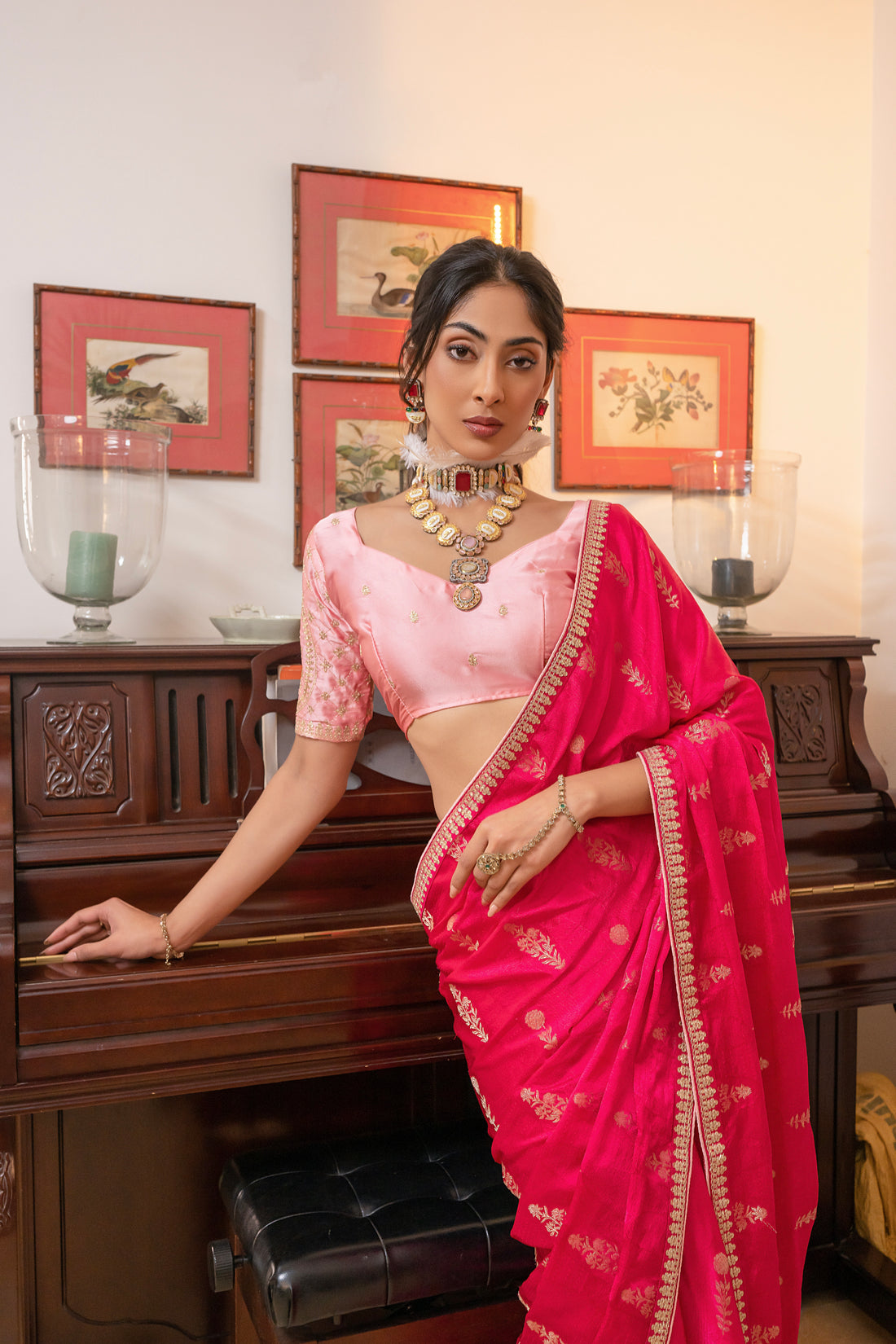 Red Viscose Satin Silk Saree with Zari Motifs and Sequin Embroidery