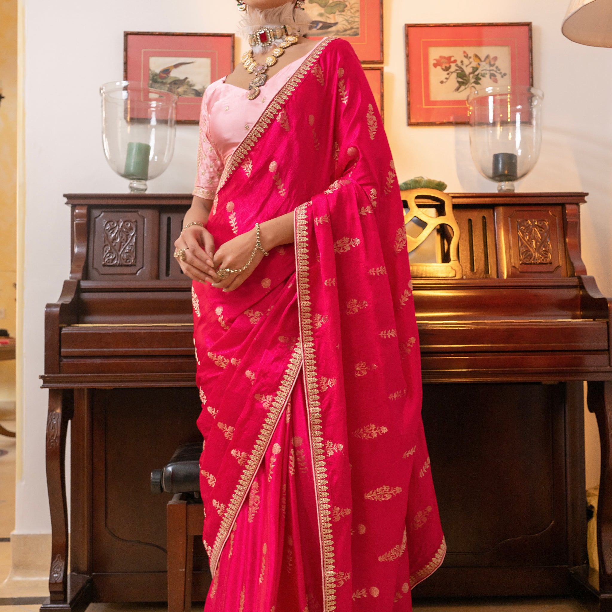 Red Viscose Satin Silk Saree with Zari Motifs and Sequin Embroidery