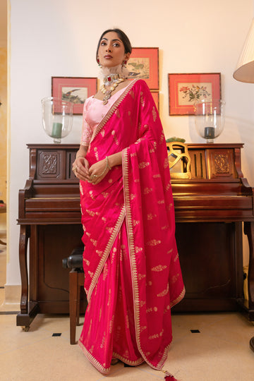 Red Viscose Satin Silk Saree with Zari Motifs and Sequin Embroidery