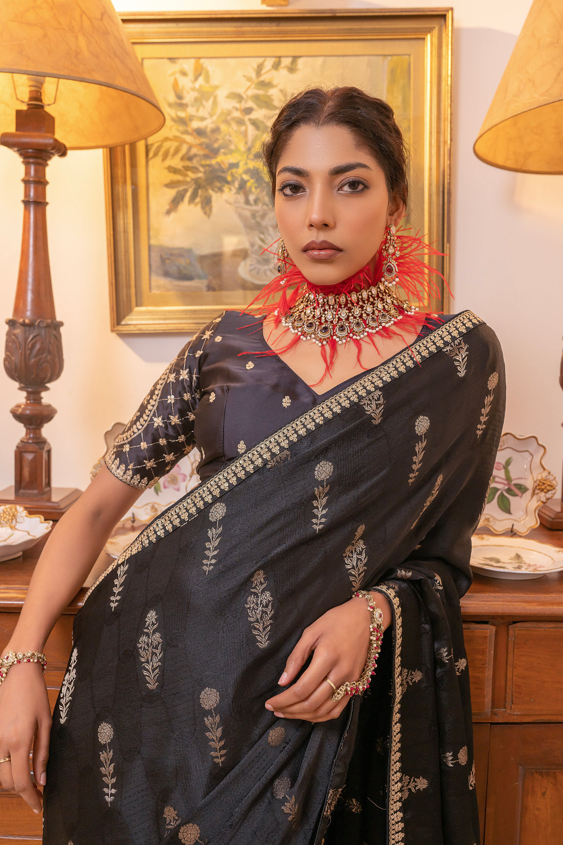 Black Viscose Satin Silk Saree with Zari Motifs and Sequin Embroidery