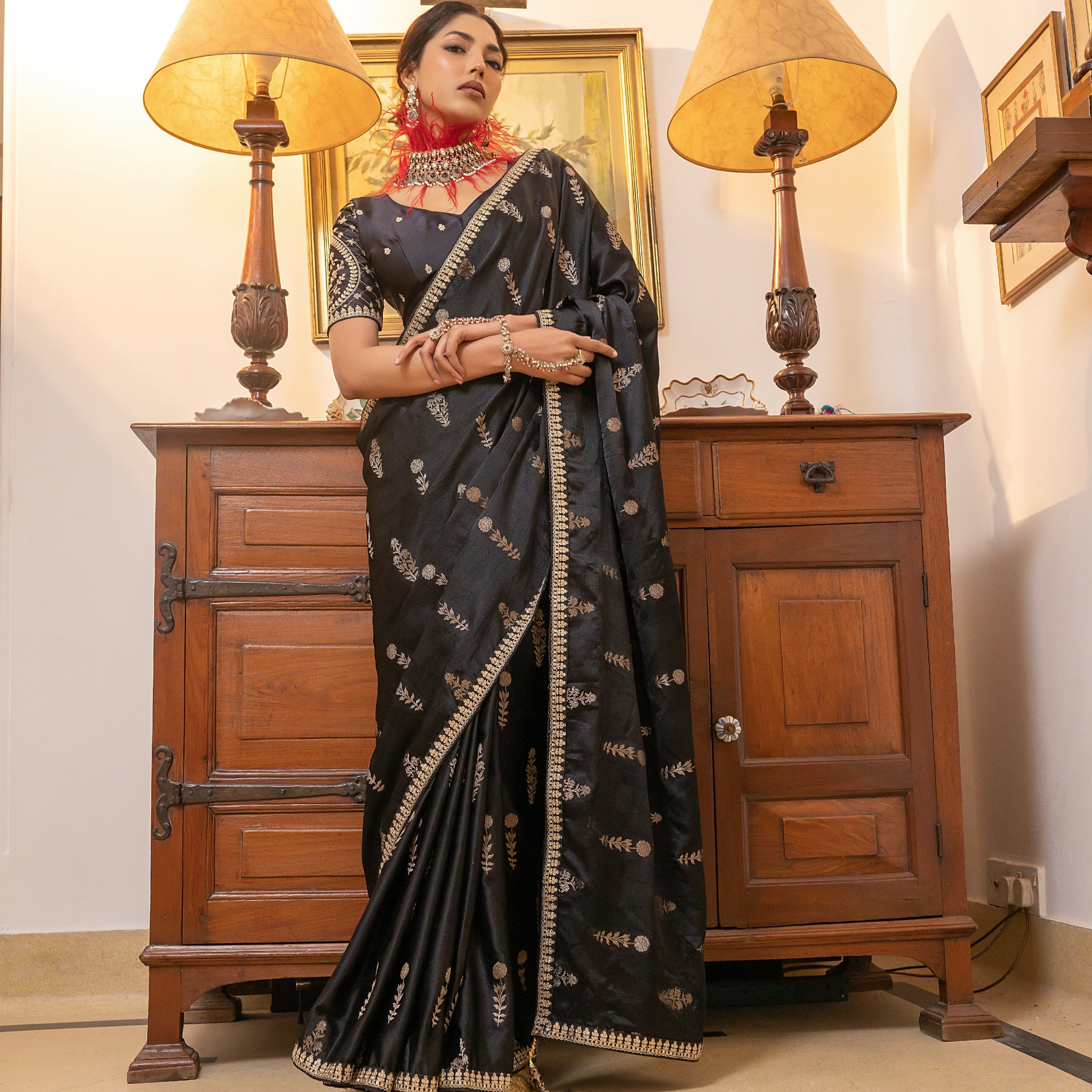 Black Viscose Satin Silk Saree with Zari Motifs and Sequin Embroidery