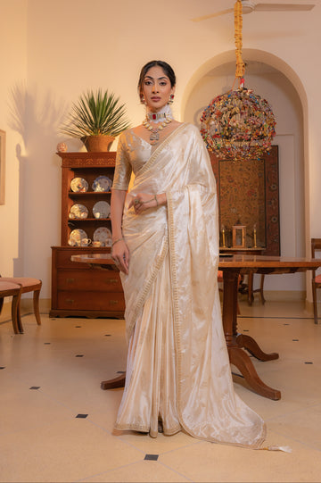 White Viscose Satin Silk Saree with Zari Motifs and Sequin Embroidery