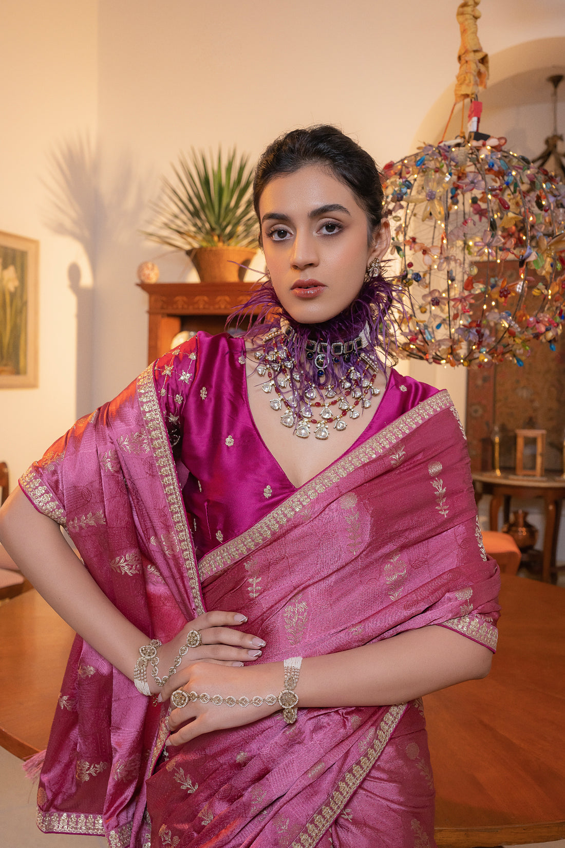 Pink Viscose Satin Silk Saree with Zari Motifs and Sequin Embroidery