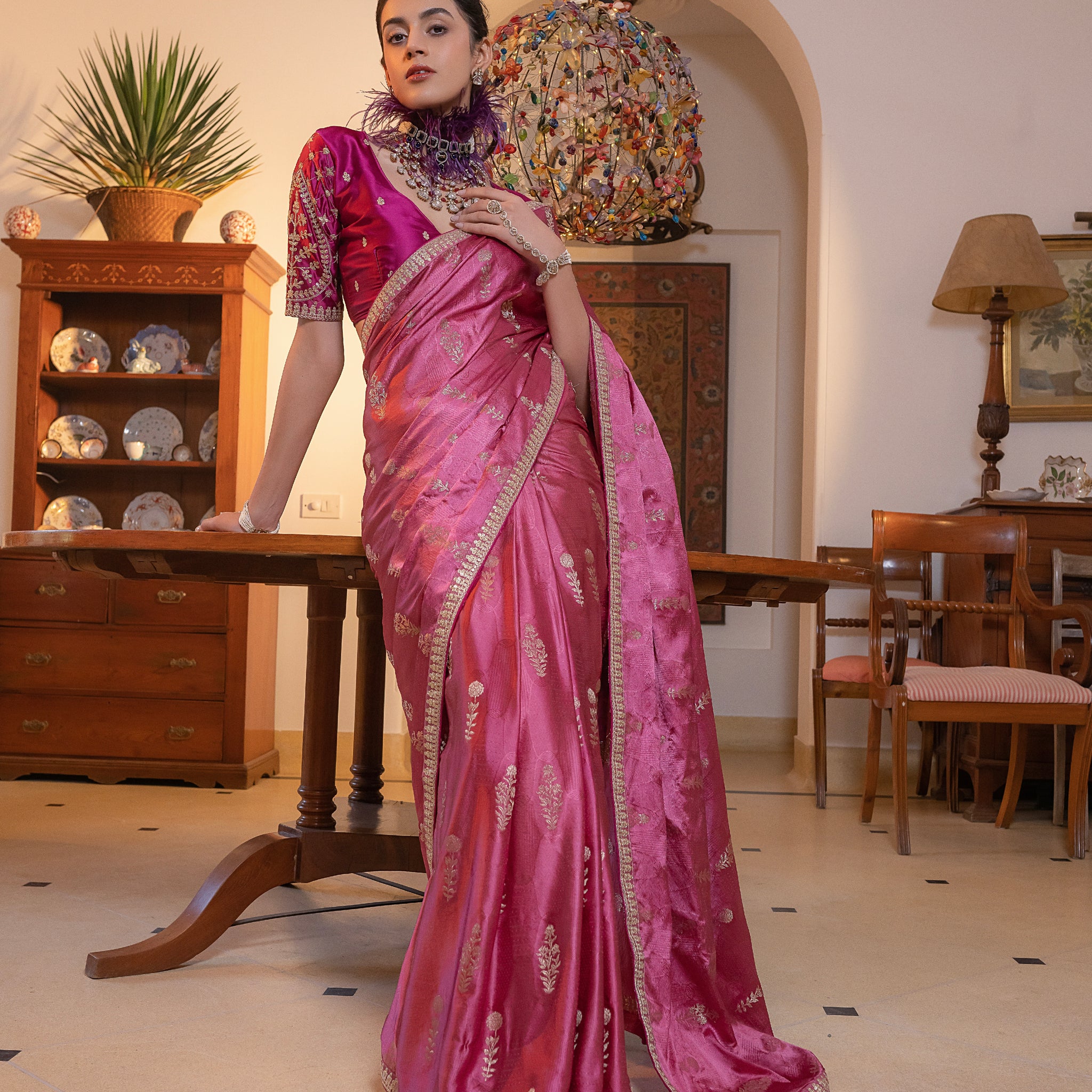 Pink Viscose Satin Silk Saree with Zari Motifs and Sequin Embroidery