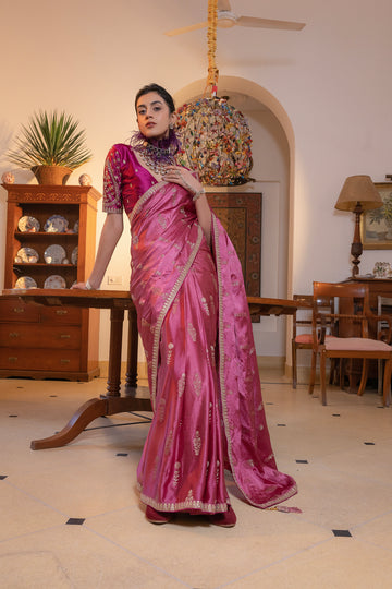 Pink Viscose Satin Silk Saree with Zari Motifs and Sequin Embroidery