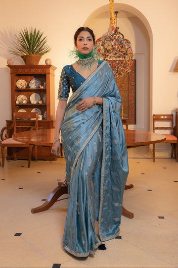 Sky Blue Viscose Satin Silk Saree with Zari Motifs and Sequin Embroidery