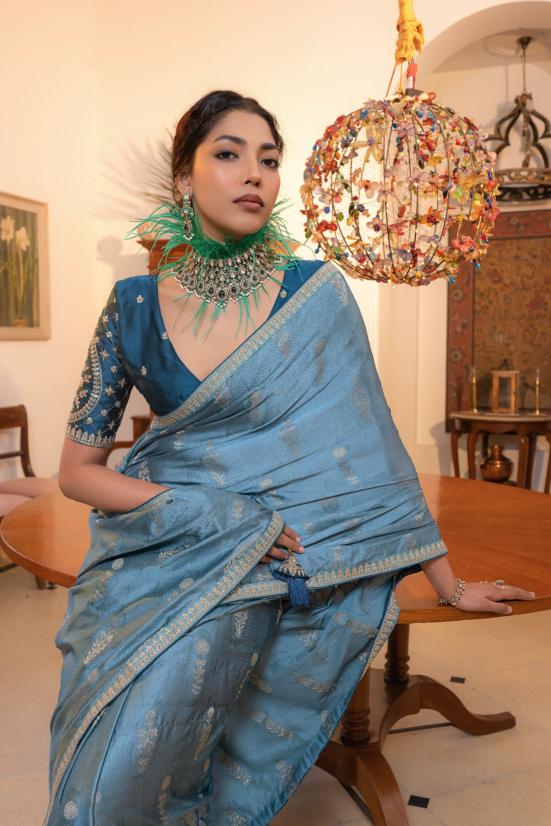 Sky Blue Viscose Satin Silk Saree with Zari Motifs and Sequin Embroidery