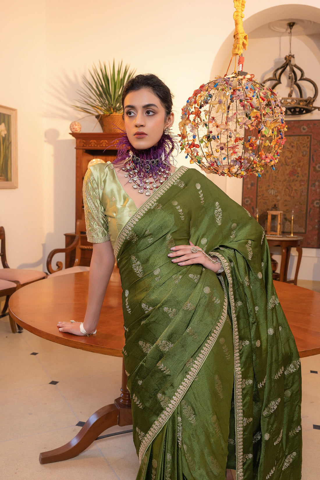 Green Viscose Satin Silk Saree with Zari Motifs and Sequin Embroidery