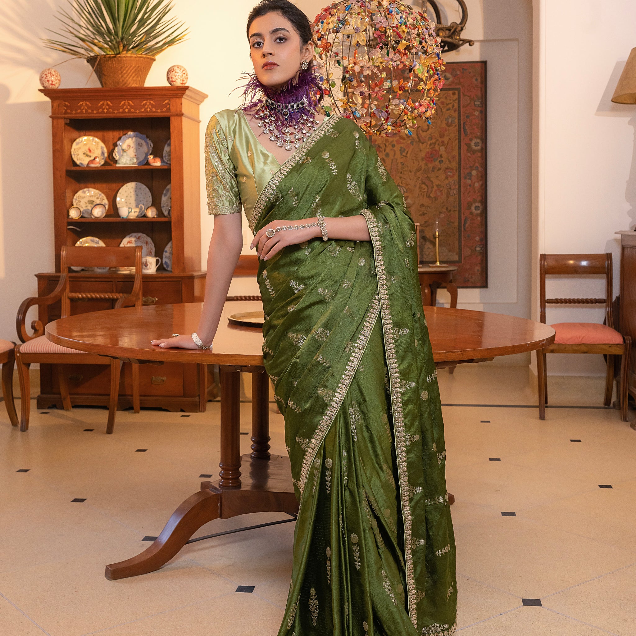 Green Viscose Satin Silk Saree with Zari Motifs and Sequin Embroidery