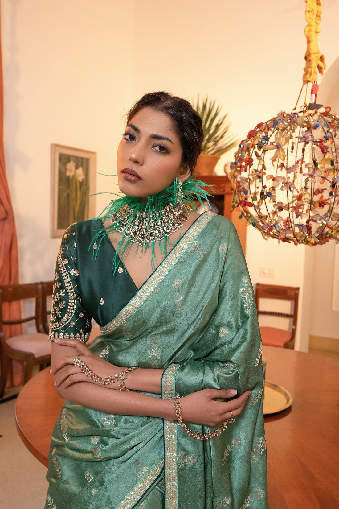 Sea Green Viscose Satin Silk Saree with Zari Motifs and Sequin Embroidery