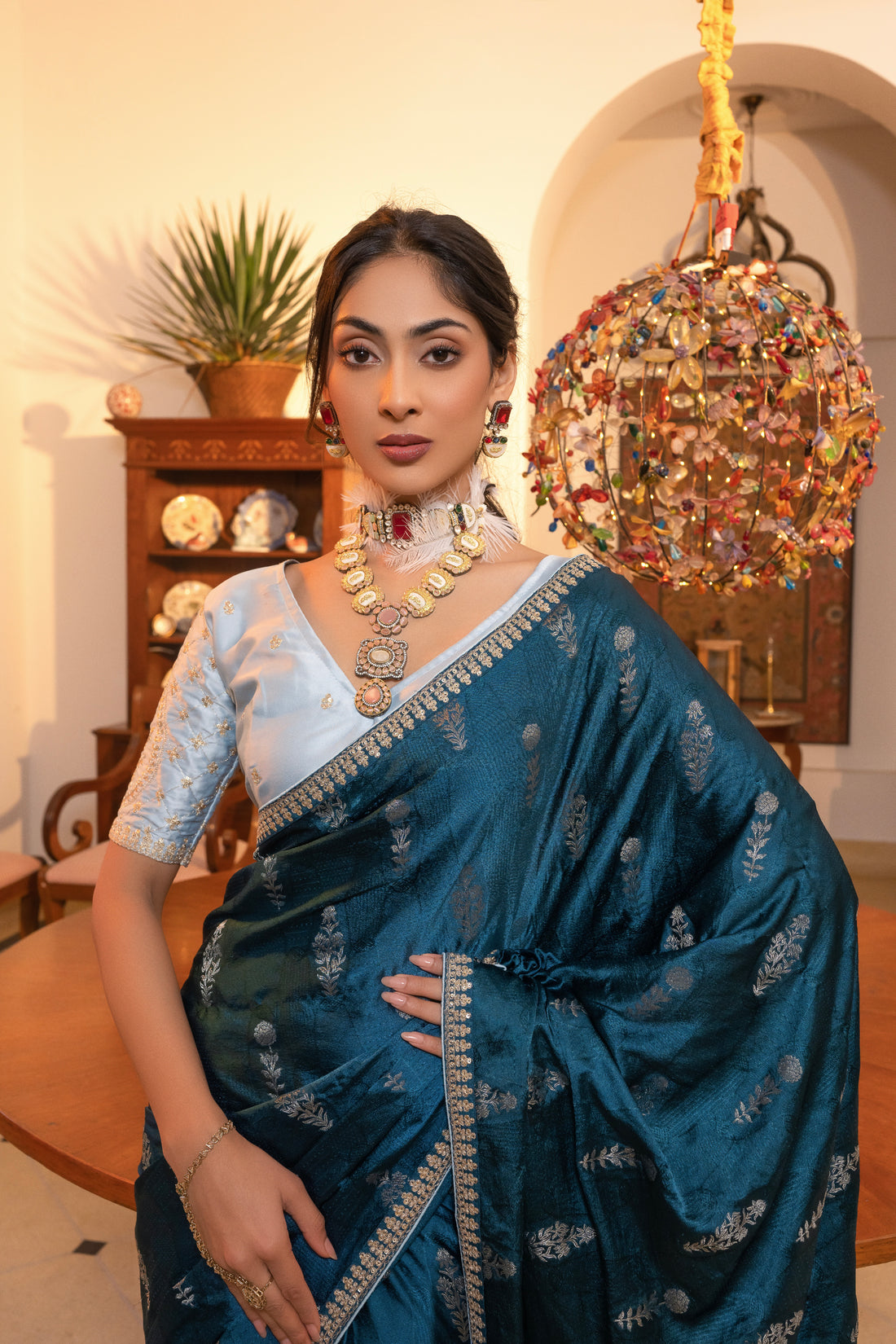 Navy Blue Viscose Satin Silk Saree with Zari Motifs and Sequin Embroidery