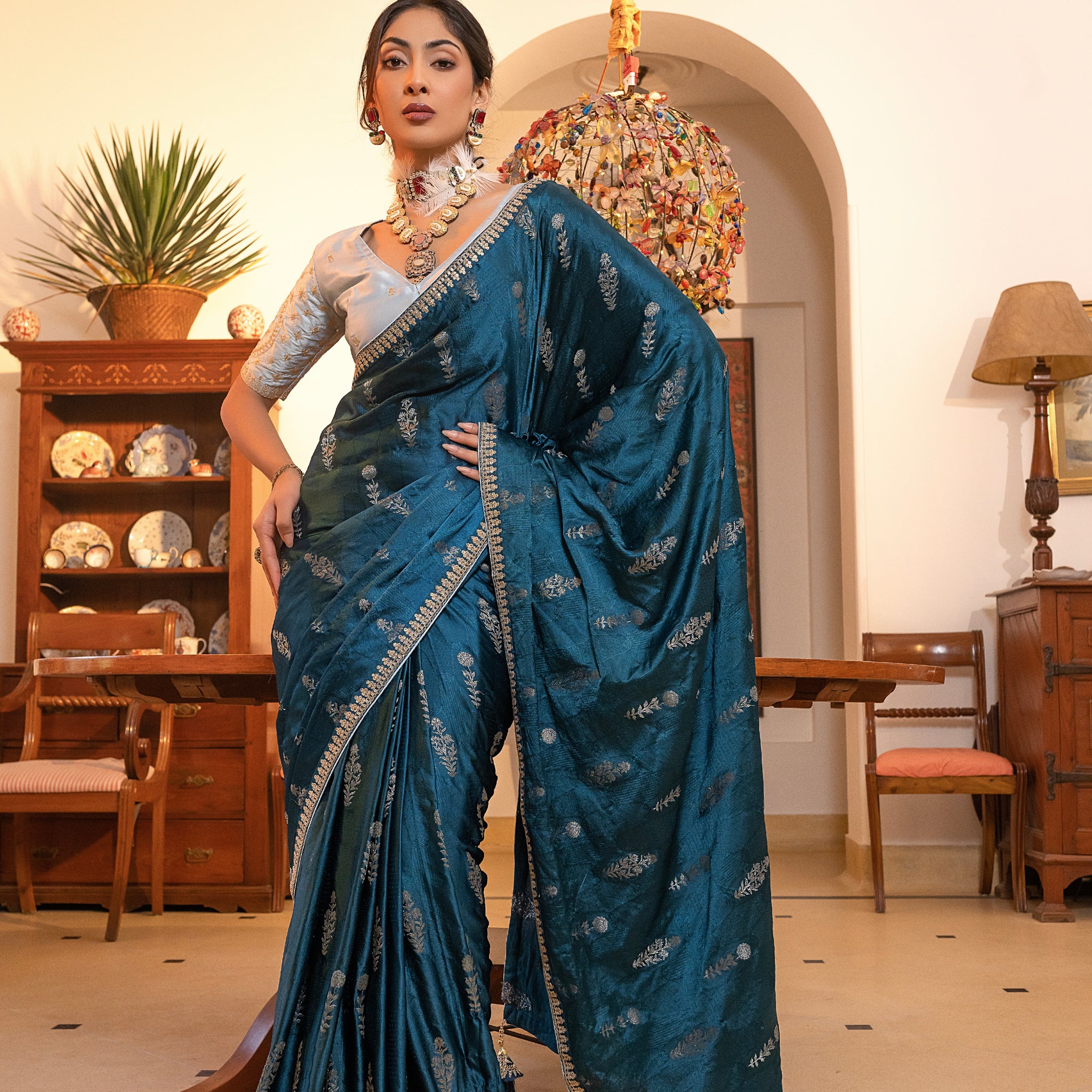 Navy Blue Viscose Satin Silk Saree with Zari Motifs and Sequin Embroidery