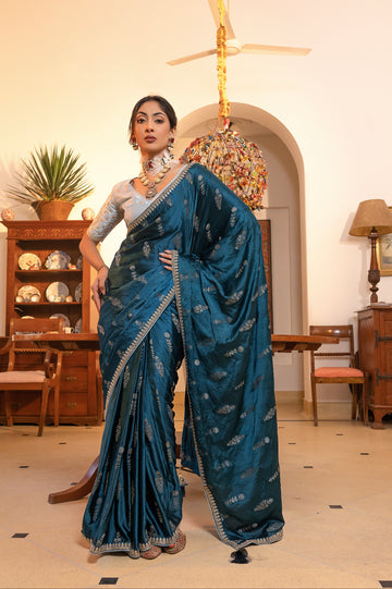 Navy Blue Viscose Satin Silk Saree with Zari Motifs and Sequin Embroidery