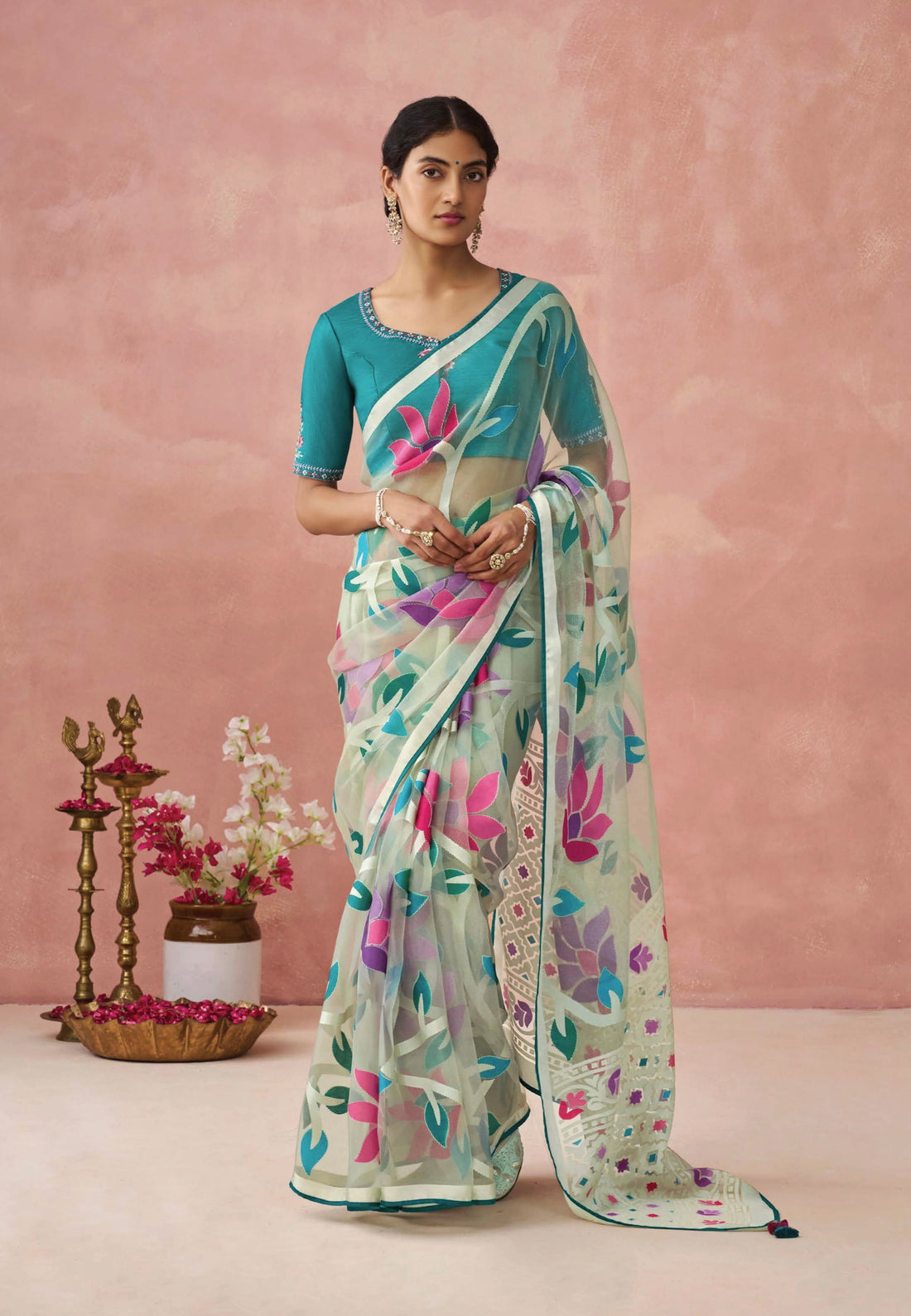 Light Blue Soft Brasso Organza Saree with Floral Print and Piping Work