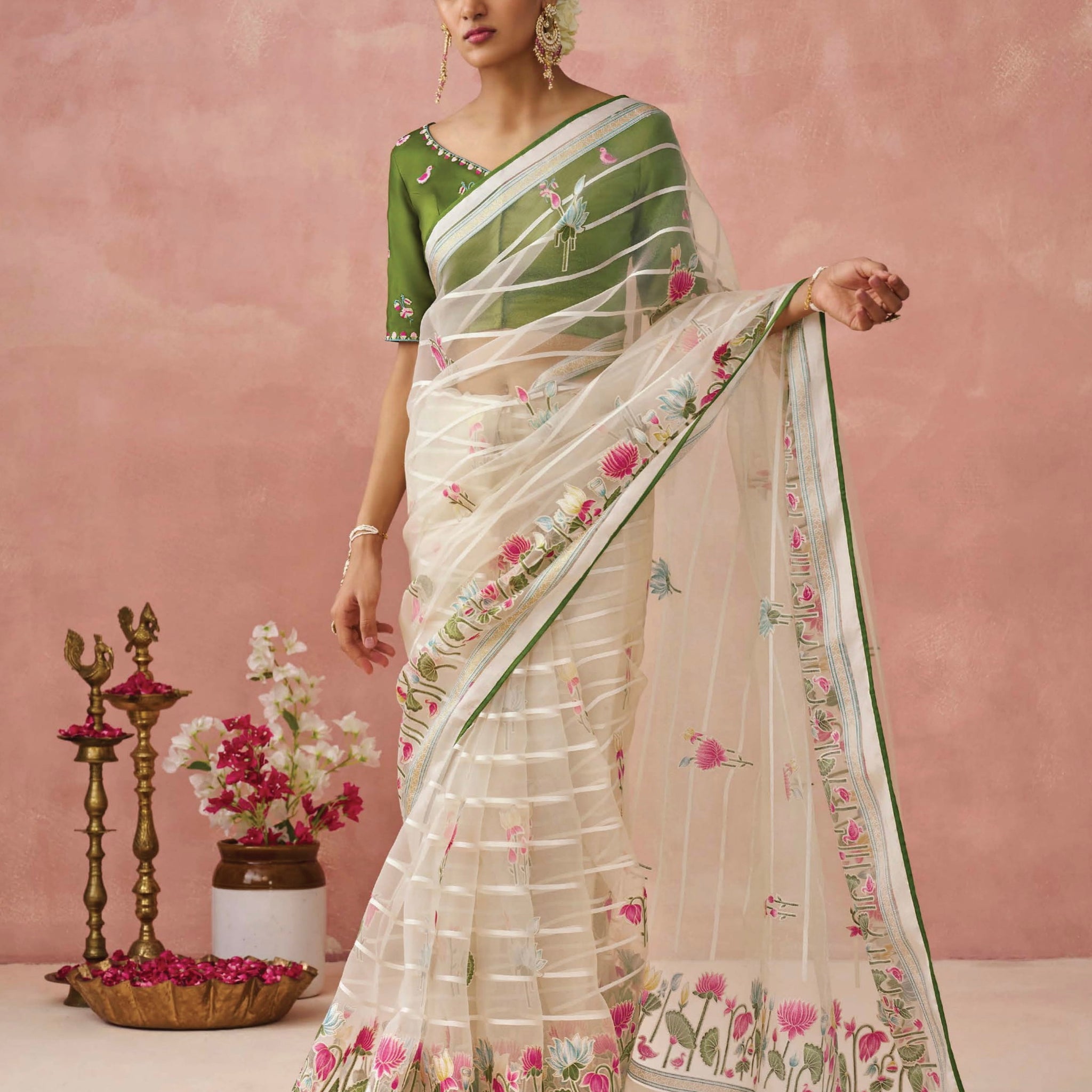 Cream Soft Brasso Organza Saree with Floral Print and Piping Work