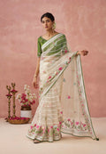 Cream Soft Brasso Organza Saree with Floral Print and Piping Work