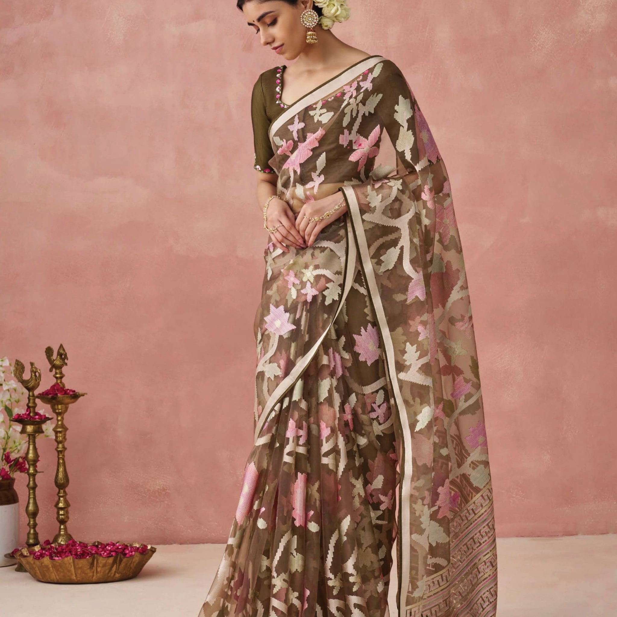 Brown Soft Brasso Organza Saree with Floral Print and Piping Work