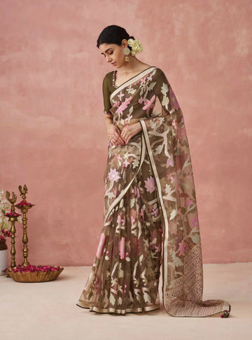 Brown Soft Brasso Organza Saree with Floral Print and Piping Work