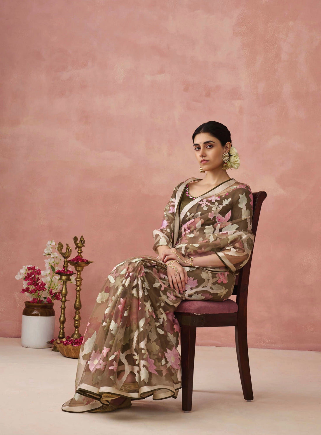 Brown Soft Brasso Organza Saree with Floral Print and Piping Work