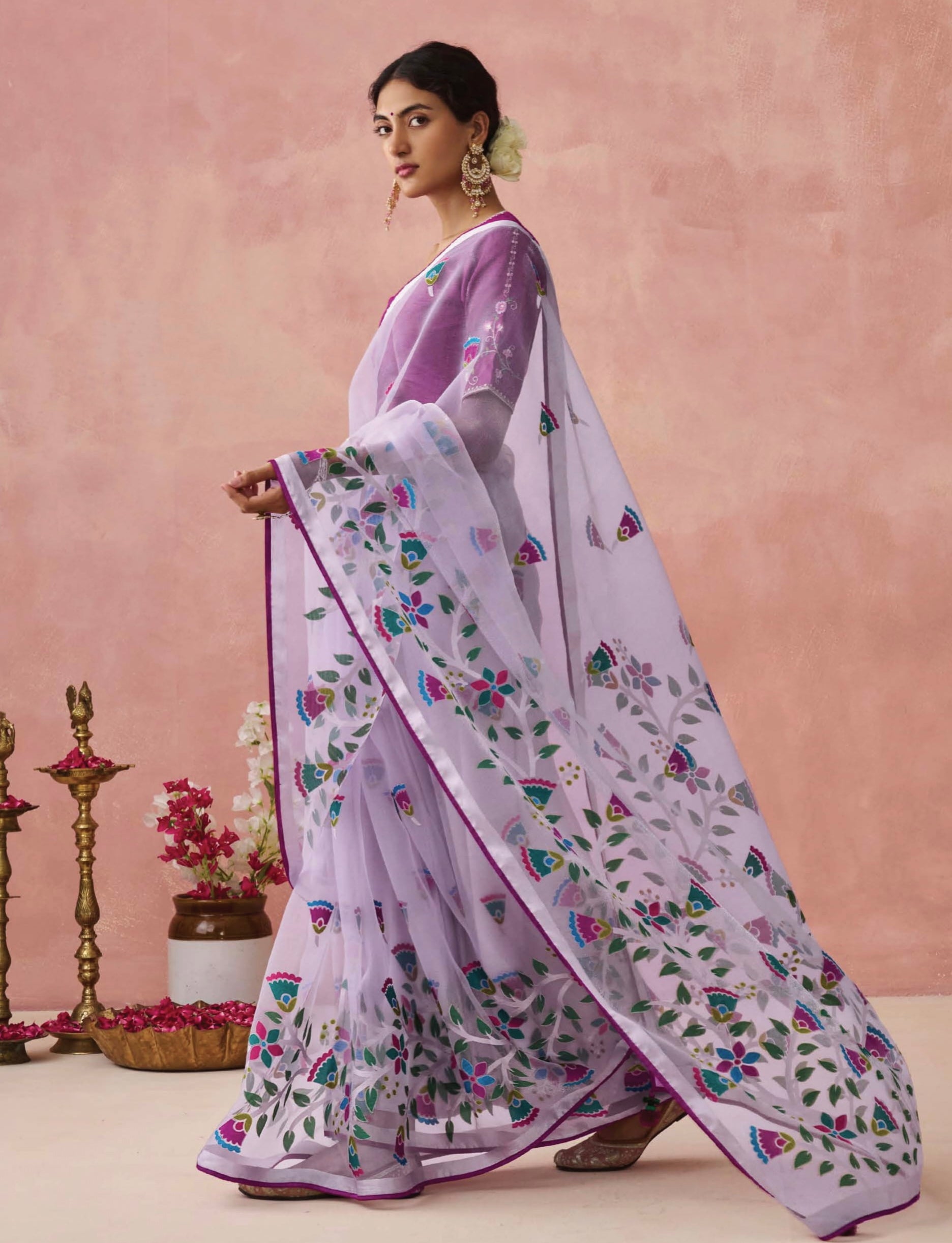 Lavender Soft Brasso Organza Saree with Floral Print and Piping Work