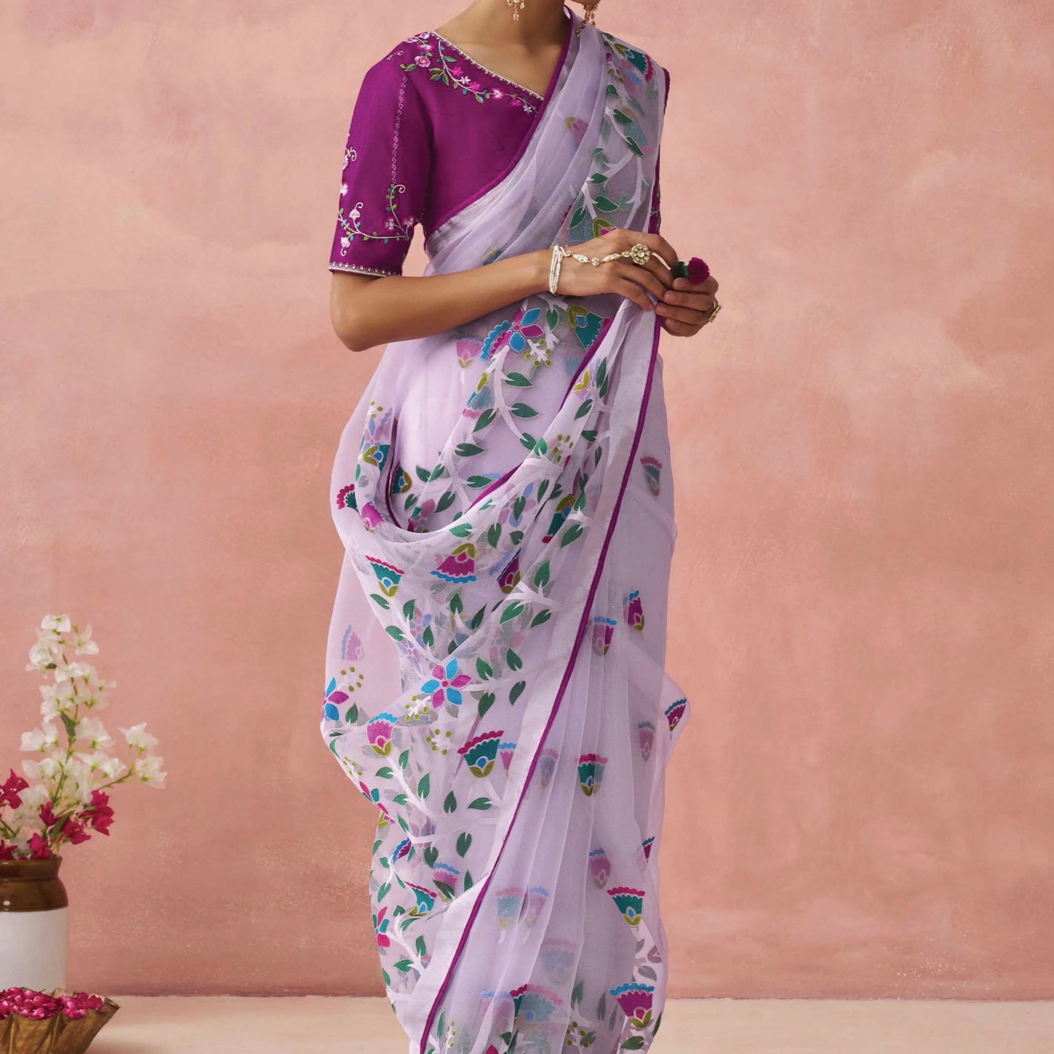 Lavender Soft Brasso Organza Saree with Floral Print and Piping Work