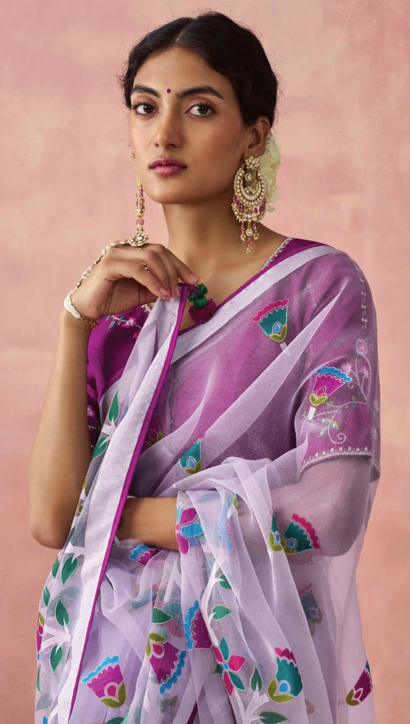 Lavender Soft Brasso Organza Saree with Floral Print and Piping Work