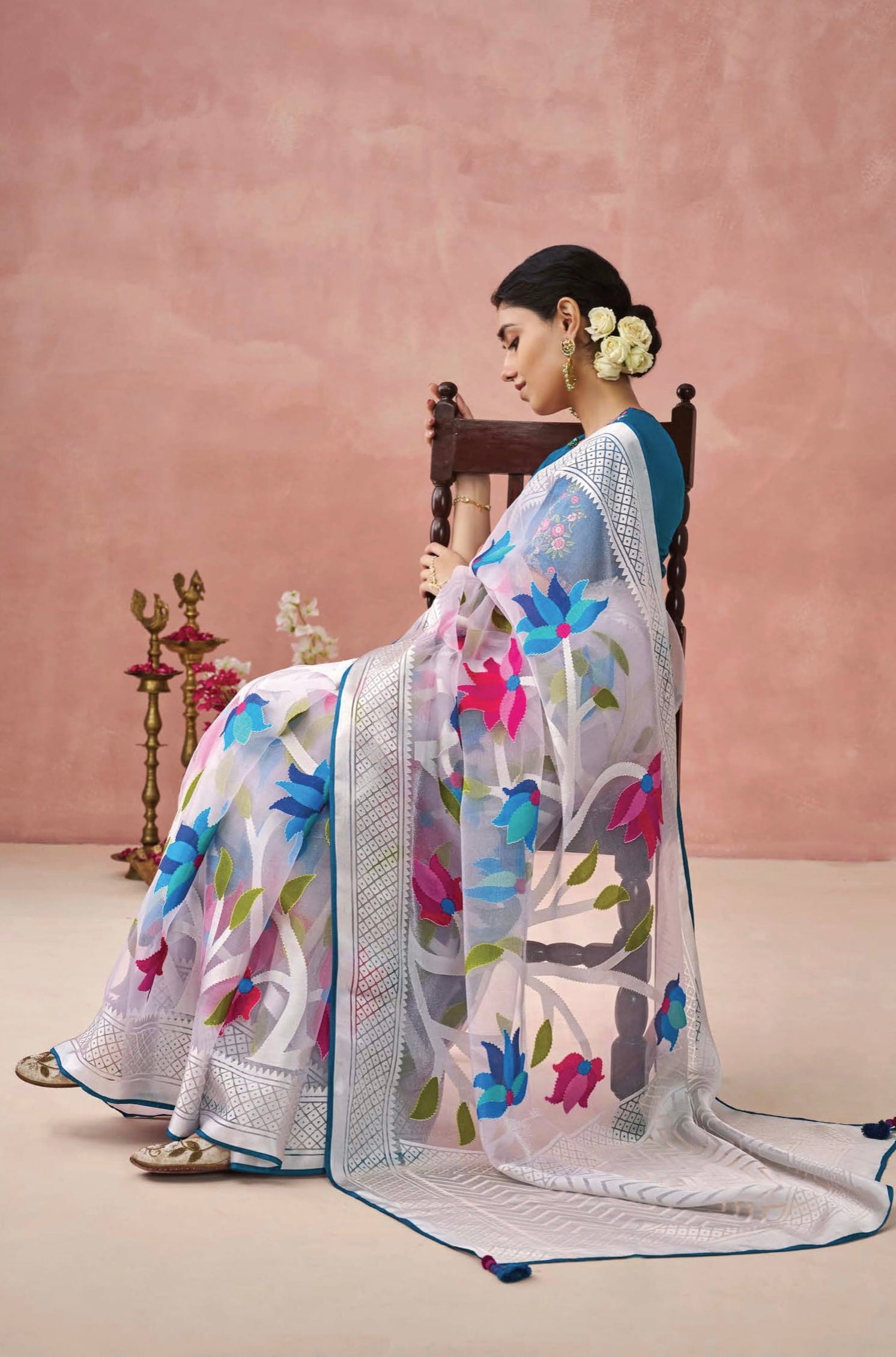 Sky Blue Soft Brasso Organza Saree with Floral Print and Piping Work