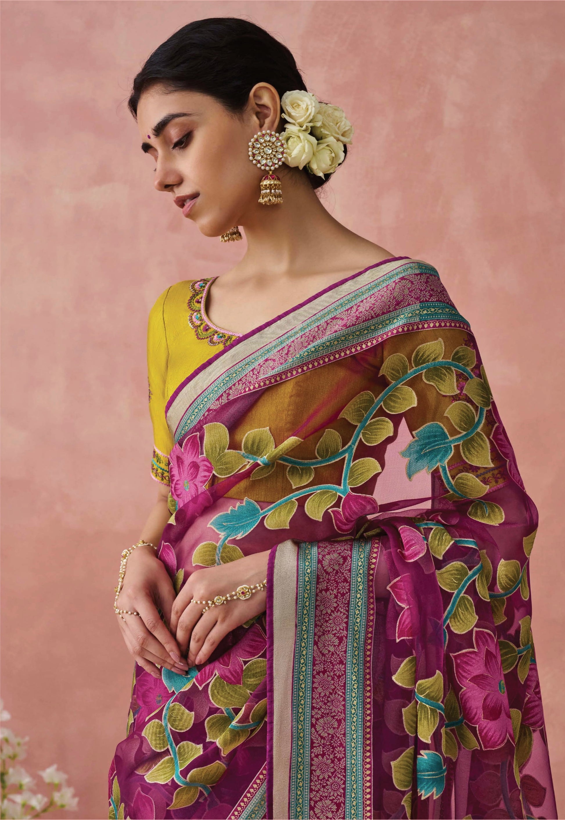 Magenta Soft Brasso Organza Saree with Floral Print and Piping Work