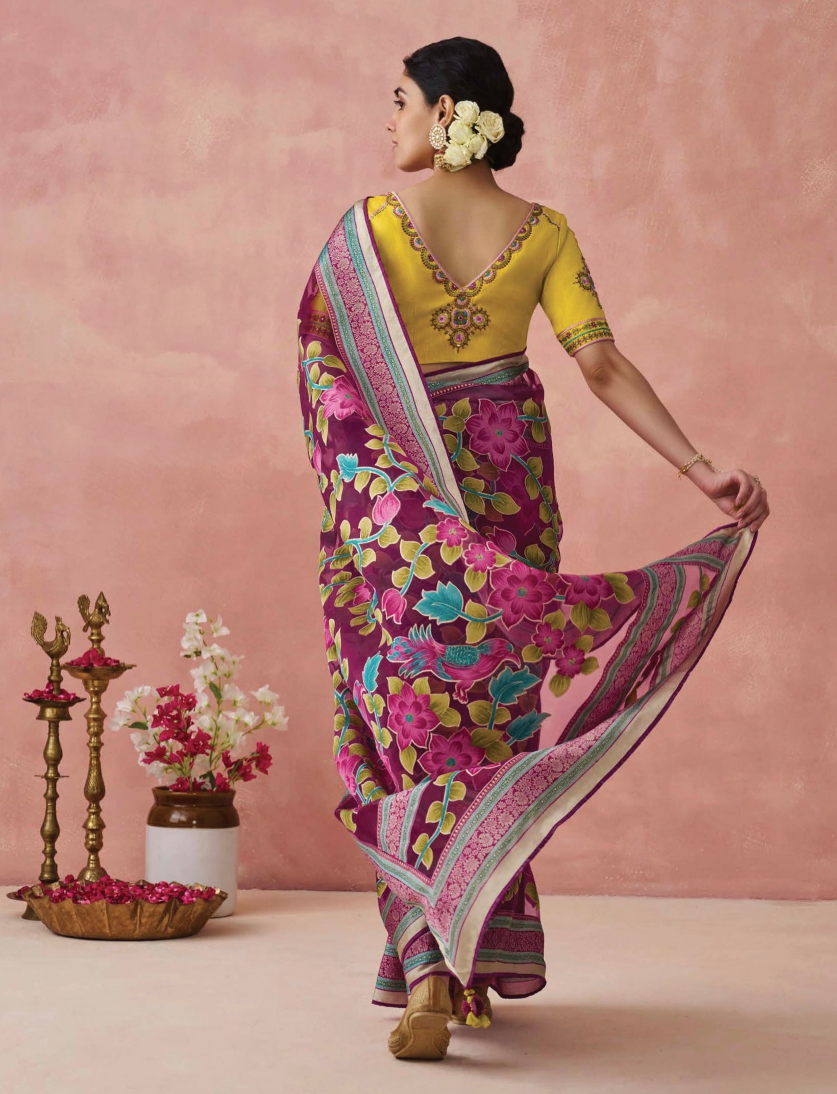 Magenta Soft Brasso Organza Saree with Floral Print and Piping Work