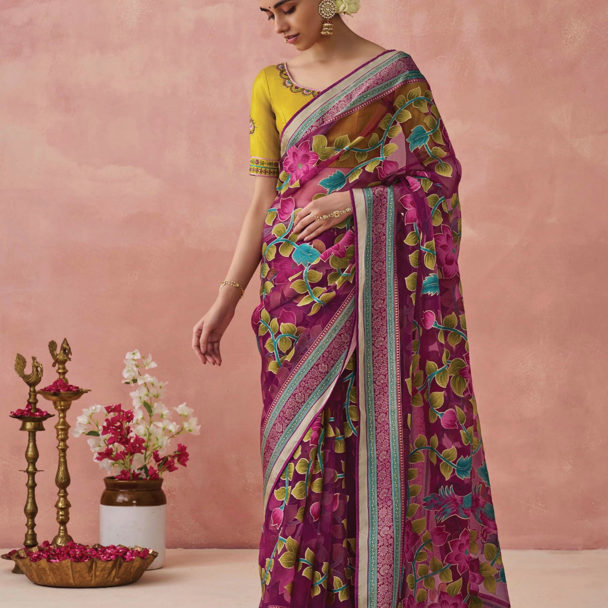 Magenta Soft Brasso Organza Saree with Floral Print and Piping Work