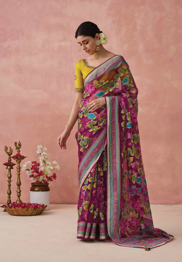 Magenta Soft Brasso Organza Saree with Floral Print and Piping Work