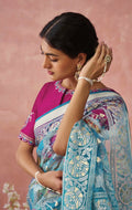 Turquoise Soft Brasso Organza Saree with Floral Print and Piping Work