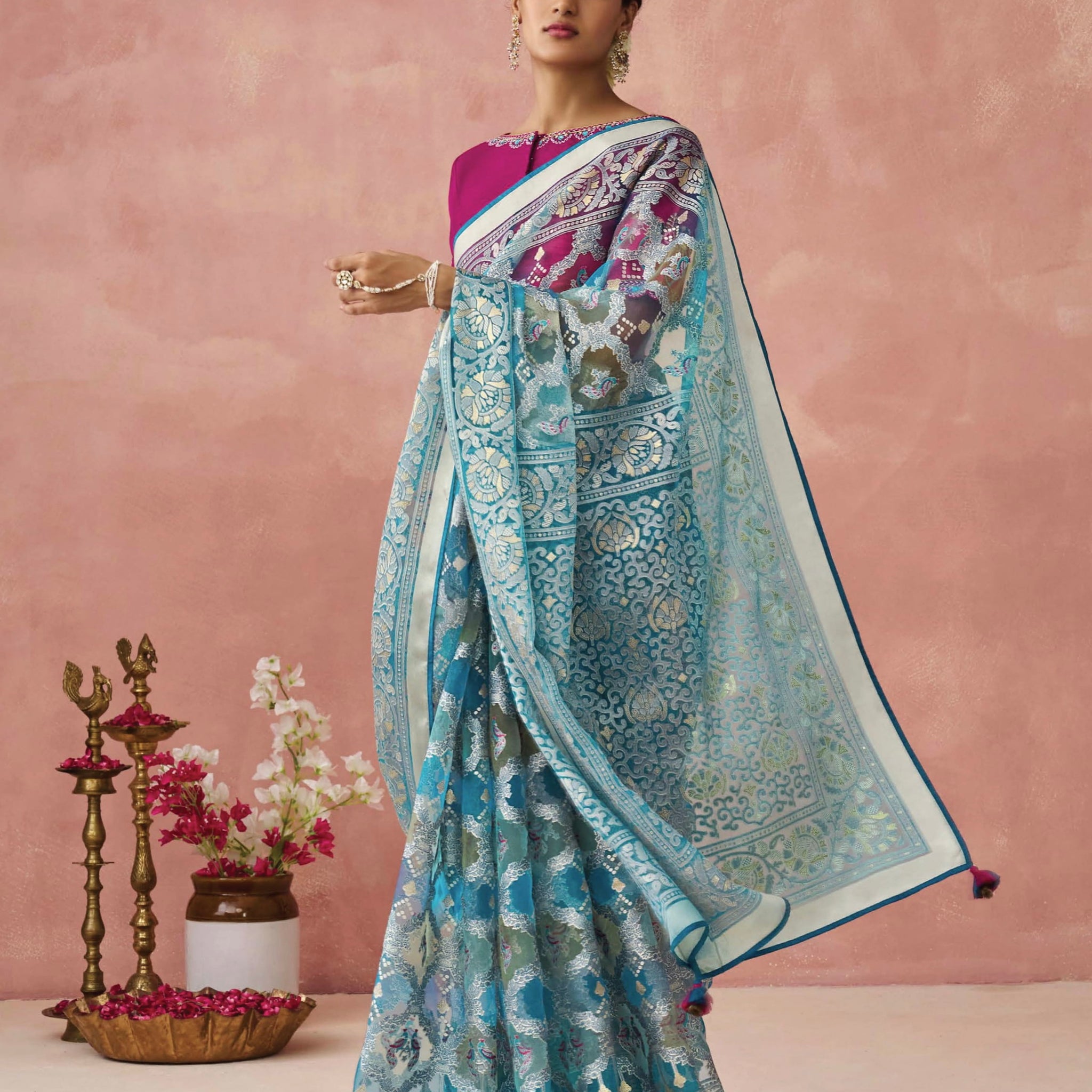 Turquoise Soft Brasso Organza Saree with Floral Print and Piping Work