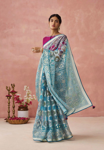 Turquoise Soft Brasso Organza Saree with Floral Print and Piping Work