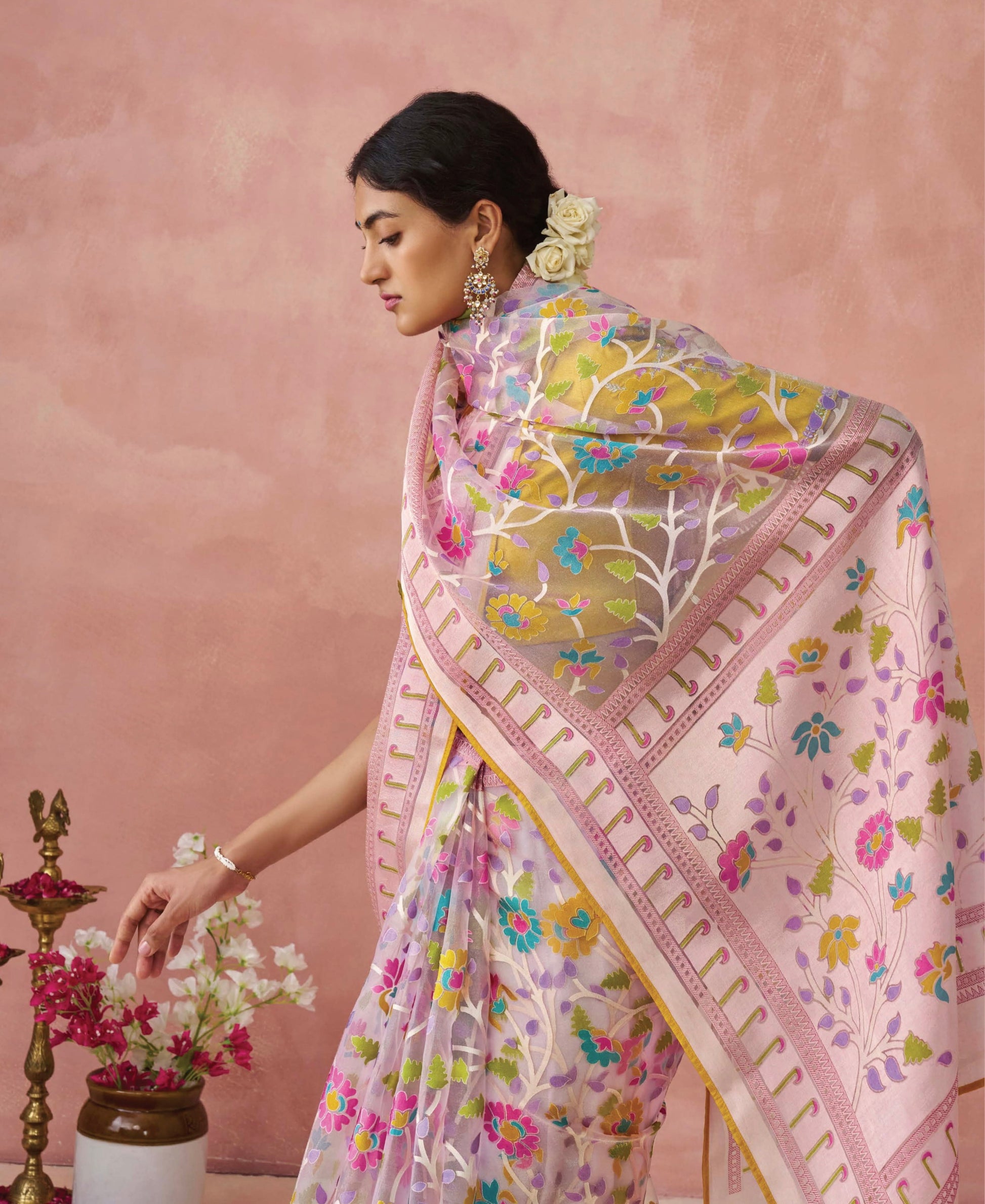 Pink Soft Brasso Organza Saree with Floral Print and Piping Work