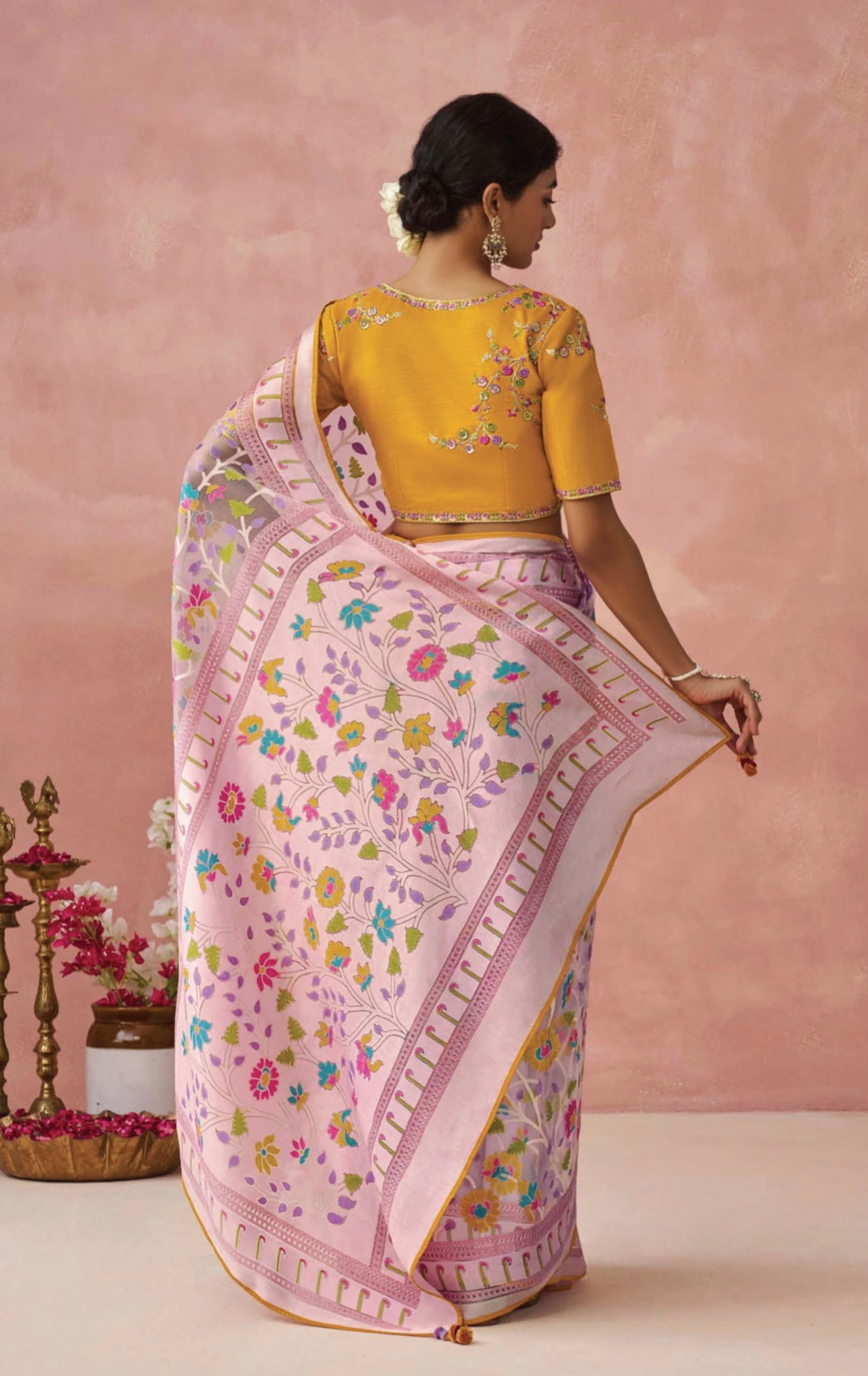 Pink Soft Brasso Organza Saree with Floral Print and Piping Work