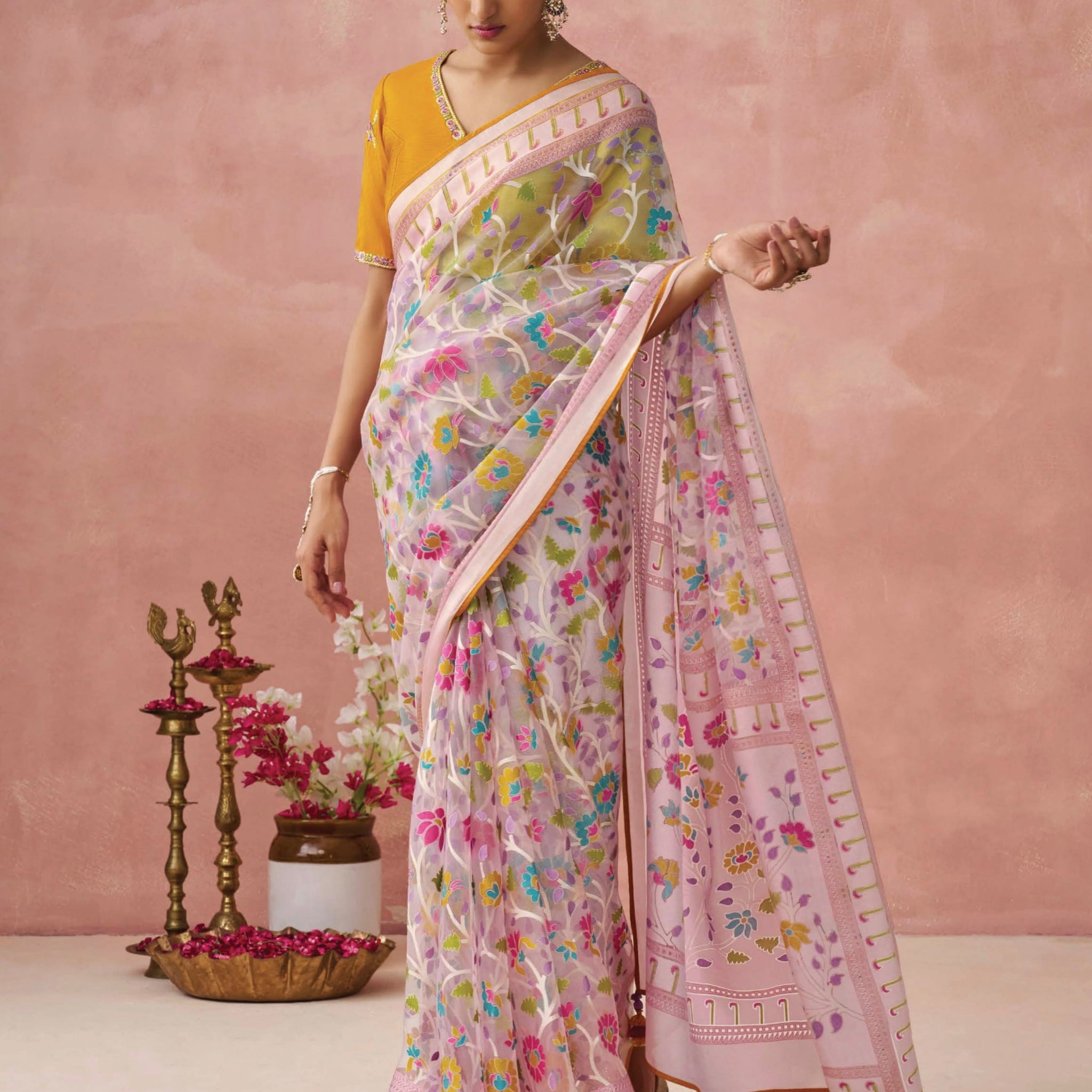 Pink Soft Brasso Organza Saree with Floral Print and Piping Work