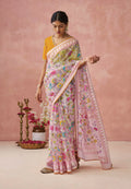 Pink Soft Brasso Organza Saree with Floral Print and Piping Work