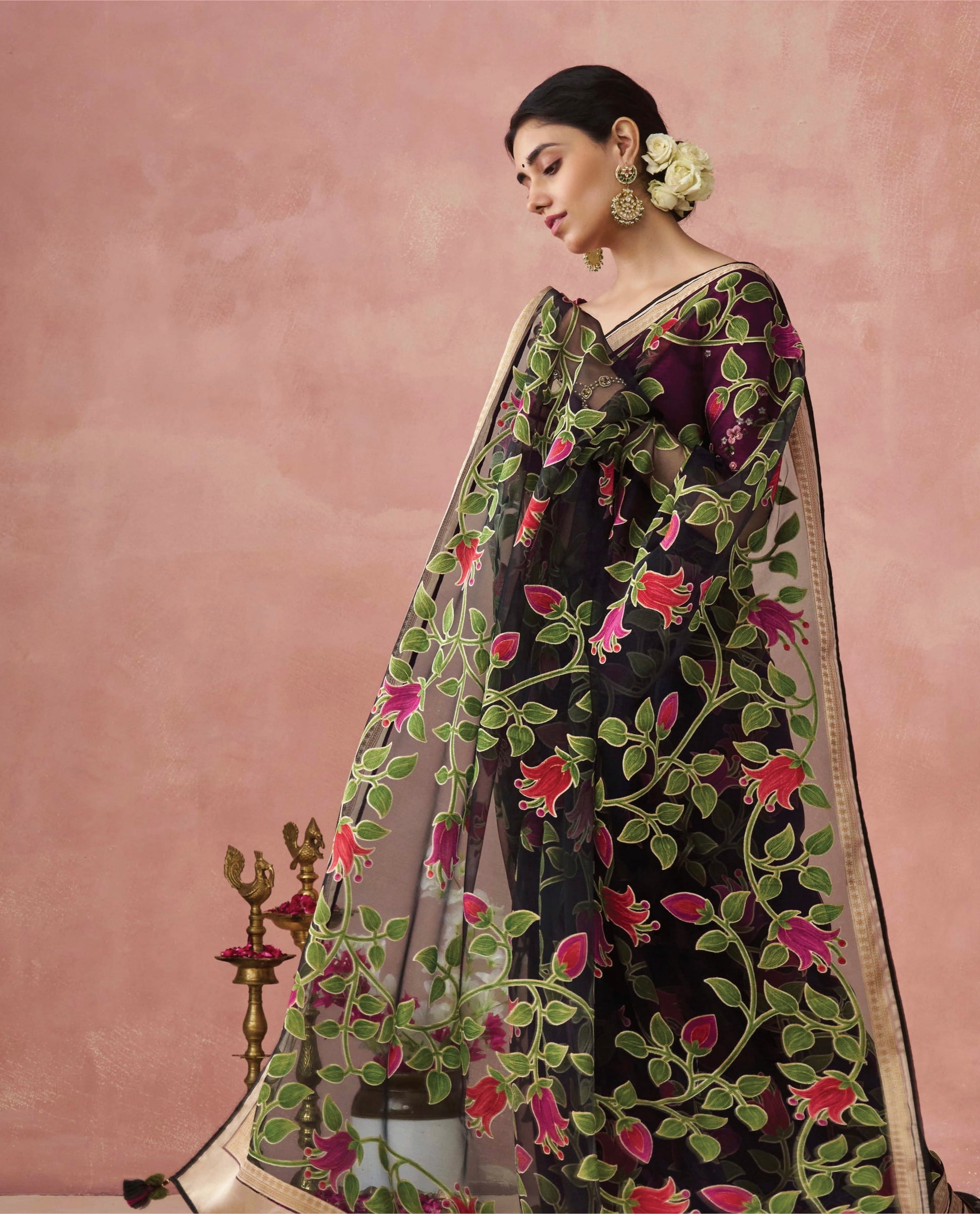 Black Soft Brasso Organza Saree with Floral Print and Piping Work