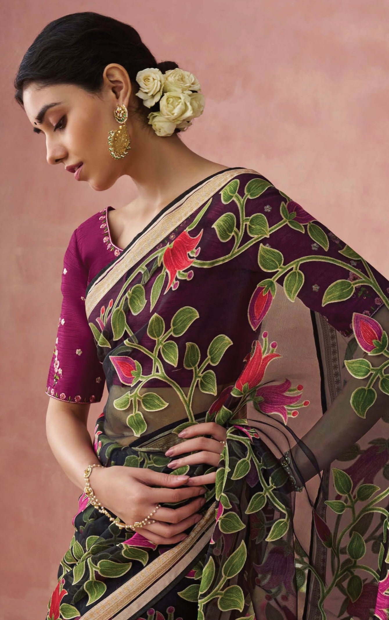 Black Soft Brasso Organza Saree with Floral Print and Piping Work