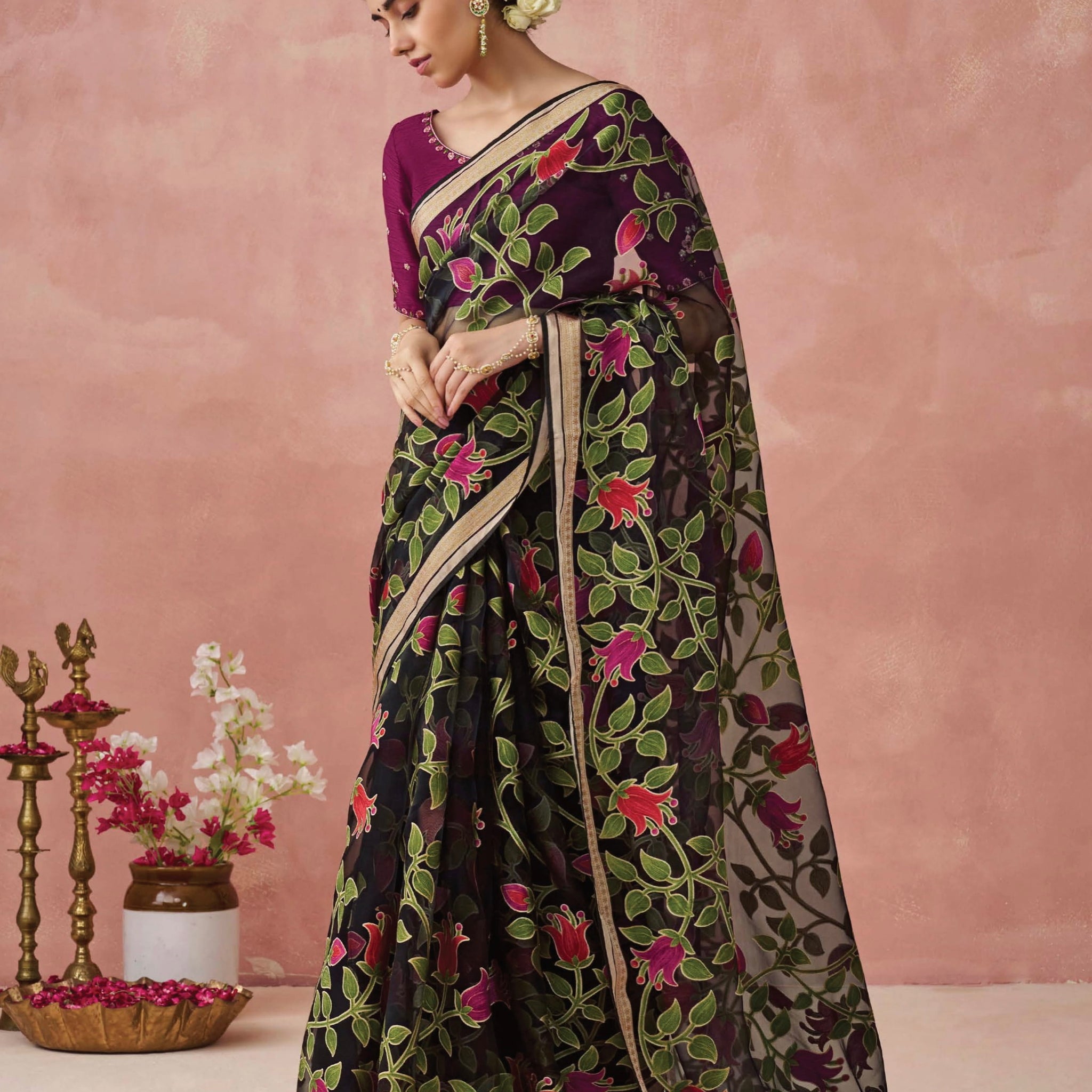 Black Soft Brasso Organza Saree with Floral Print and Piping Work