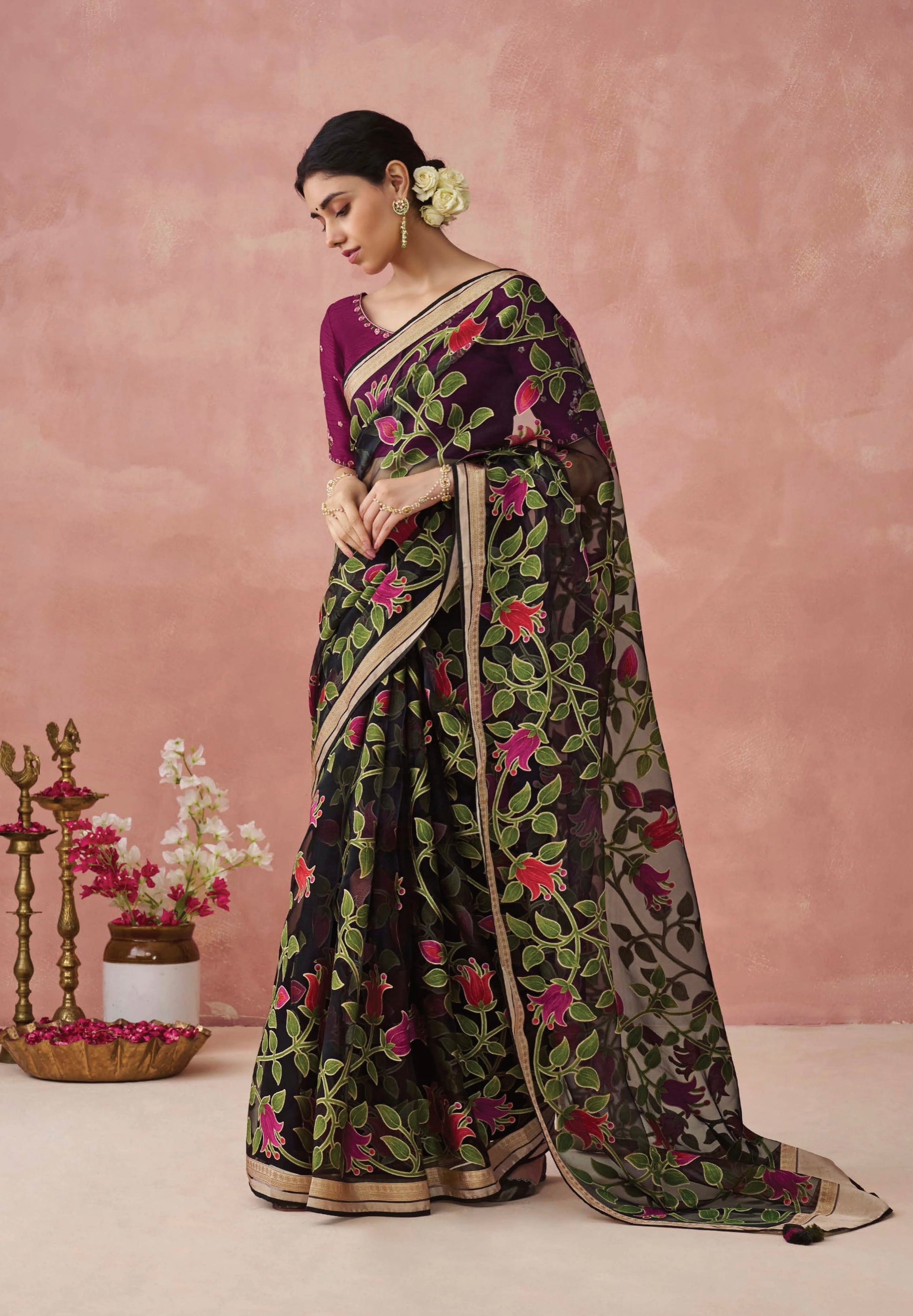 Black Soft Brasso Organza Saree with Floral Print and Piping Work