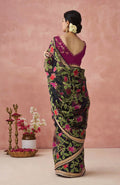 Black Soft Brasso Organza Saree with Floral Print and Piping Work