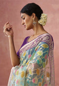 Mint Green Soft Brasso Organza Saree with Floral Print and Piping Work