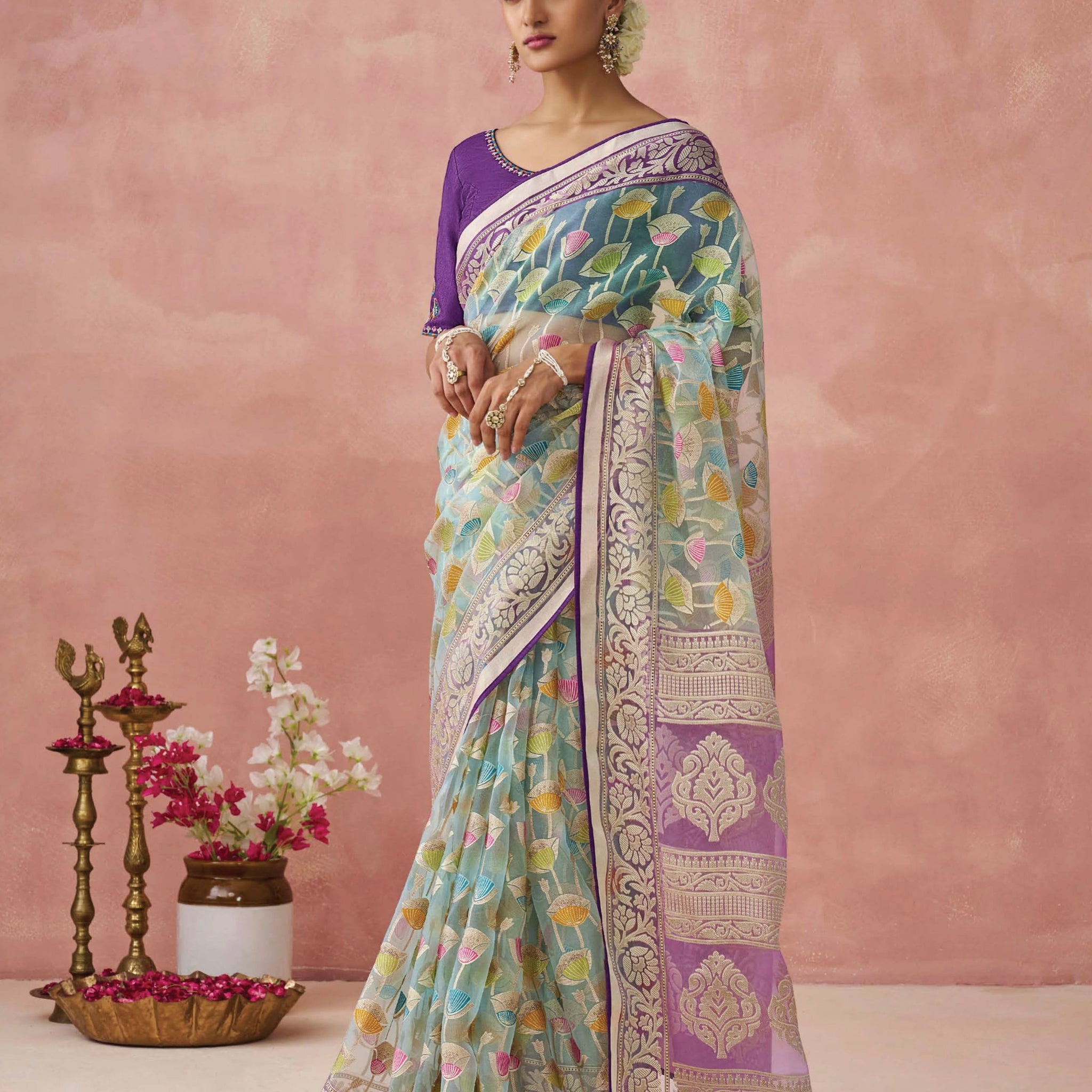 Mint Green Soft Brasso Organza Saree with Floral Print and Piping Work