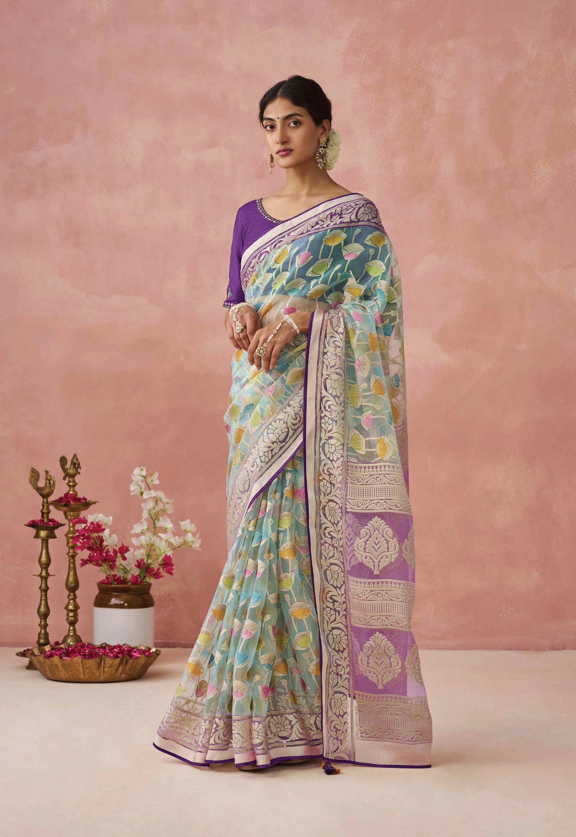 Mint Green Soft Brasso Organza Saree with Floral Print and Piping Work