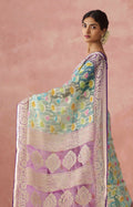 Mint Green Soft Brasso Organza Saree with Floral Print and Piping Work